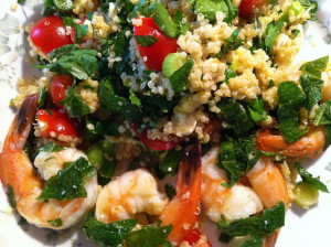 Mint-marinated shrimp with tabbouleh, tomatoes, and feta